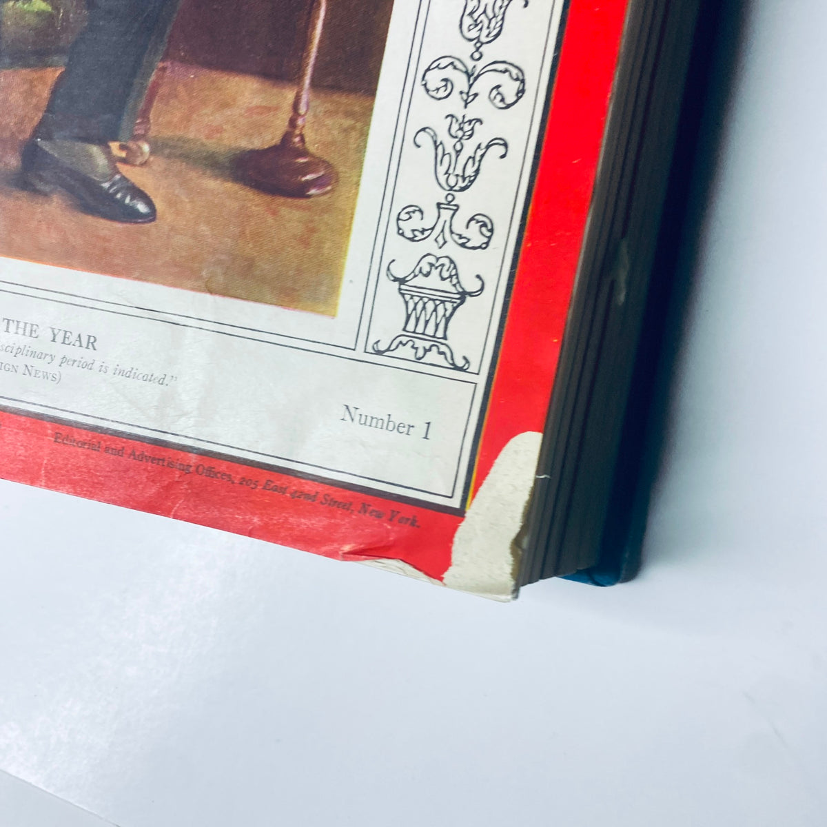 Close-up of the spine of the Time Magazine Library Bound January 4-March 28, 1932, showing wear and detailing.