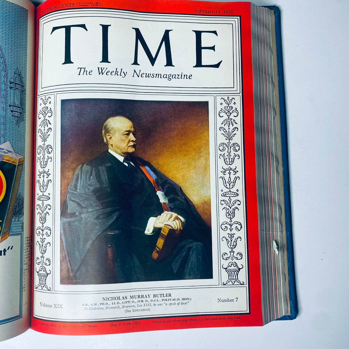 Time Magazine cover featuring Nicholas Murray Butler, published February 15, 1932, for the Time Magazine Library Bound January 4-March 28, 1932 FDR Gabby Street.