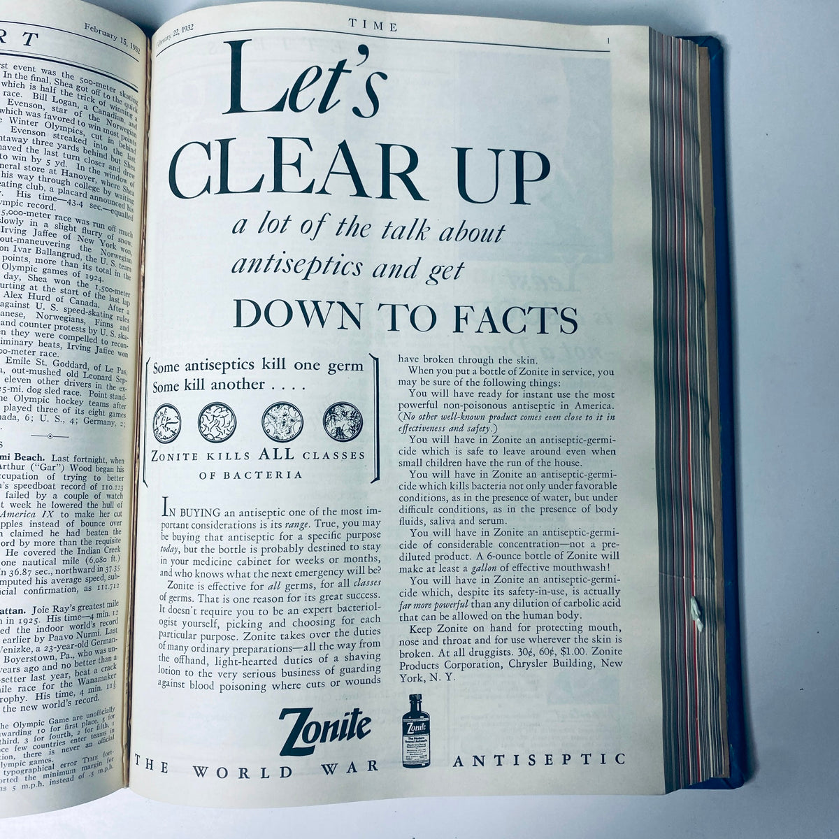 An article titled 'Let's Clear Up a lot of the talk about antiseptics' from Time Magazine, reflecting on antiseptic use, featured in the Time Magazine Library Bound January 4-March 28, 1932 FDR Gabby Street.
