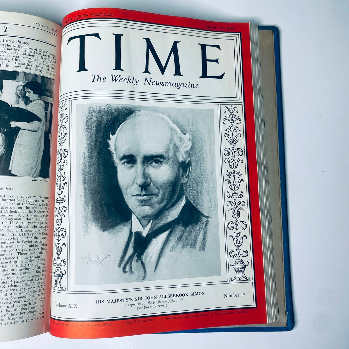 Cover of Time Magazine dated March 21, 1932, featuring Sir John Allsebrook Simon, as part of the Time Magazine Library Bound January 4-March 28, 1932 FDR Gabby Street collection.
