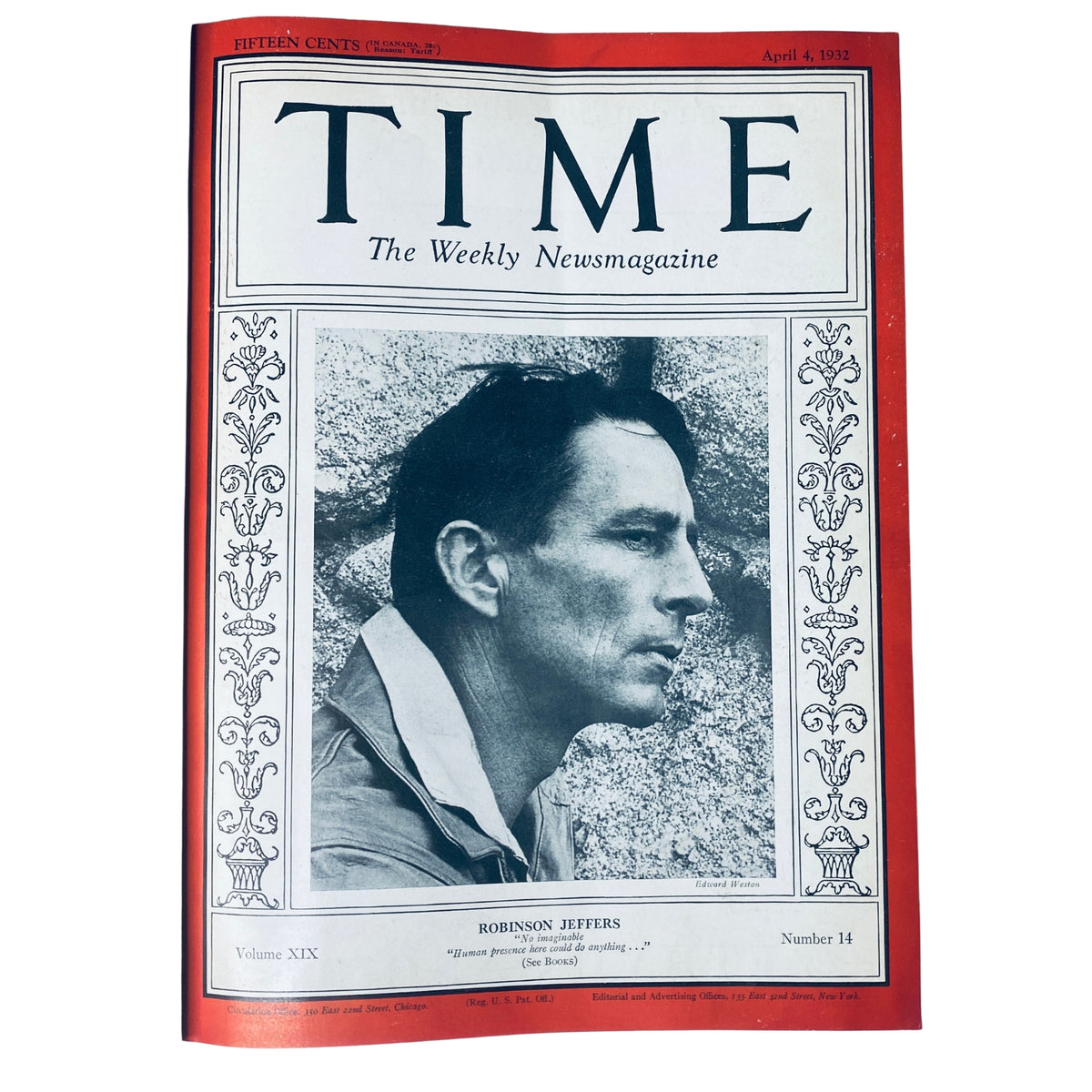 Time Magazine cover featuring Robinson Jeffers, dated April 4, 1932, from the Time Magazine Library Bound April 4-June 27, 1932 collection, showcasing important literary and cultural figures during the Great Depression.