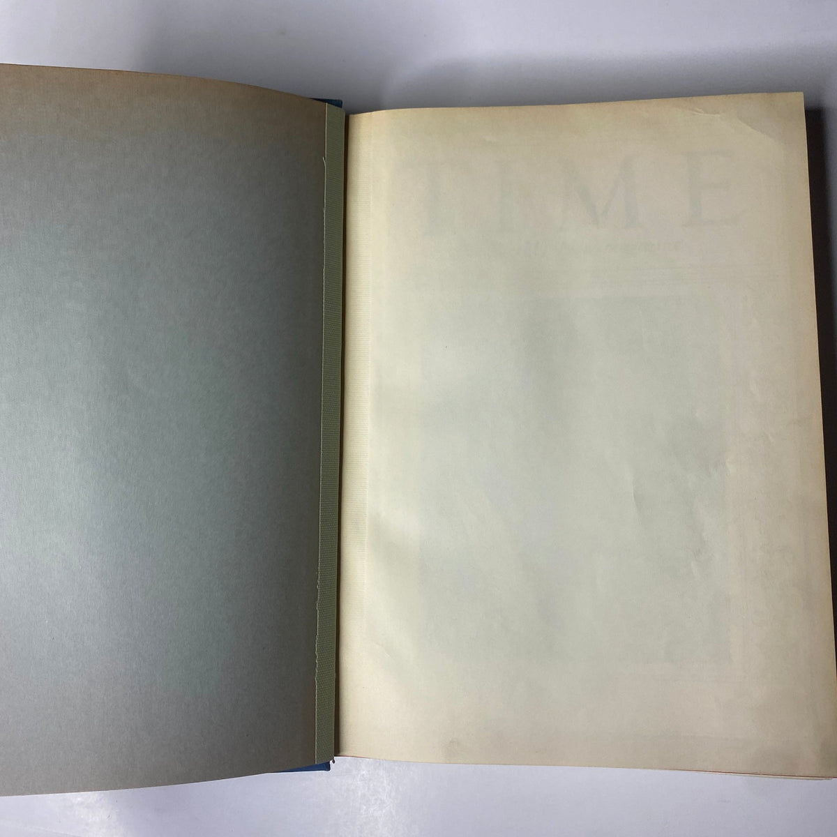 Interior view of Time Magazine Library Bound April 4-June 27, 1932 showing a blank page.