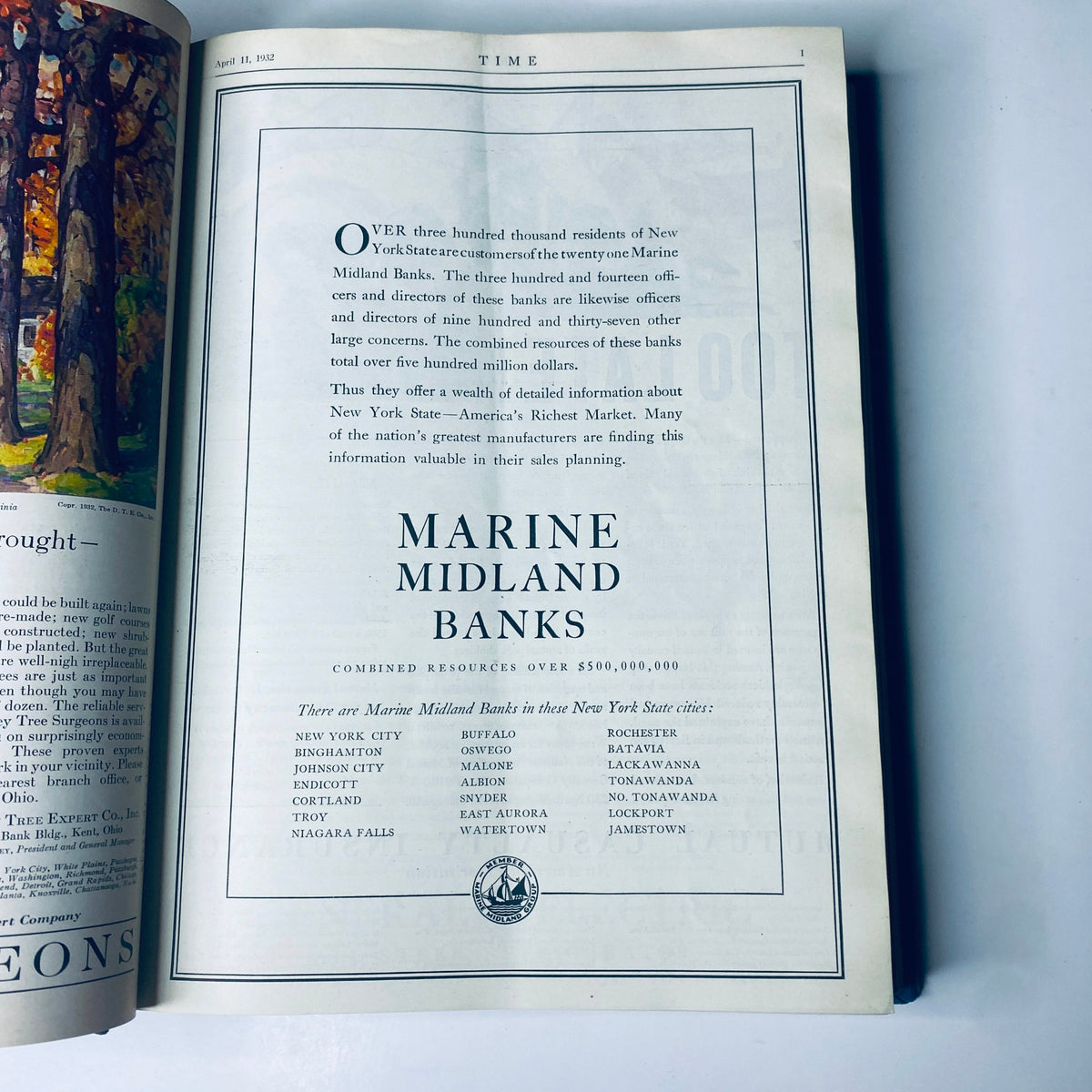 Inside page from Time Magazine, April 11, 1932, featuring an advertisement for Marine Midland Banks, highlighting its resources over $500,000,000.