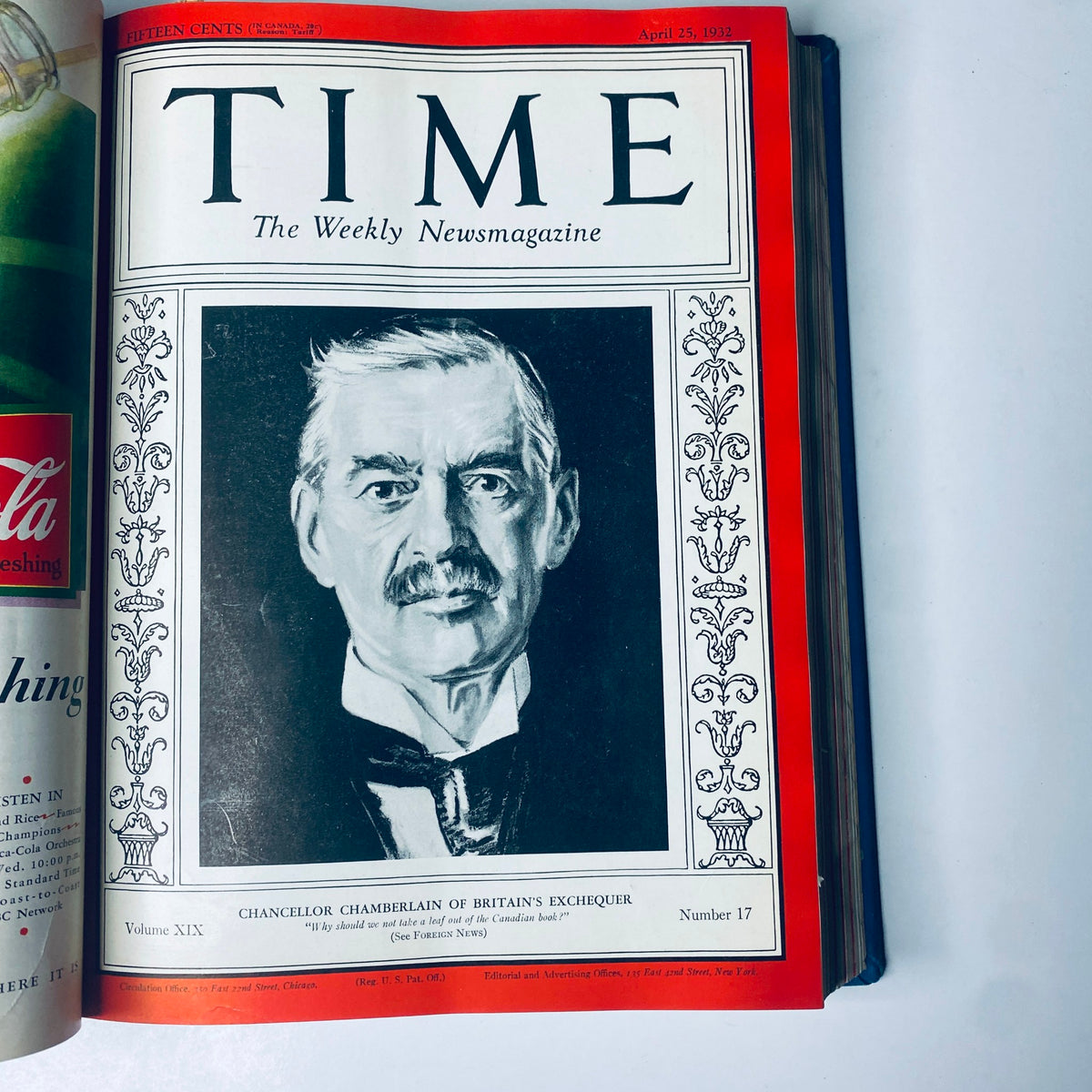 Cover of Time Magazine, April 25, 1932, featuring Chancellor Chamberlain of Britain's Exchequer, illustrated with a formal portrait.