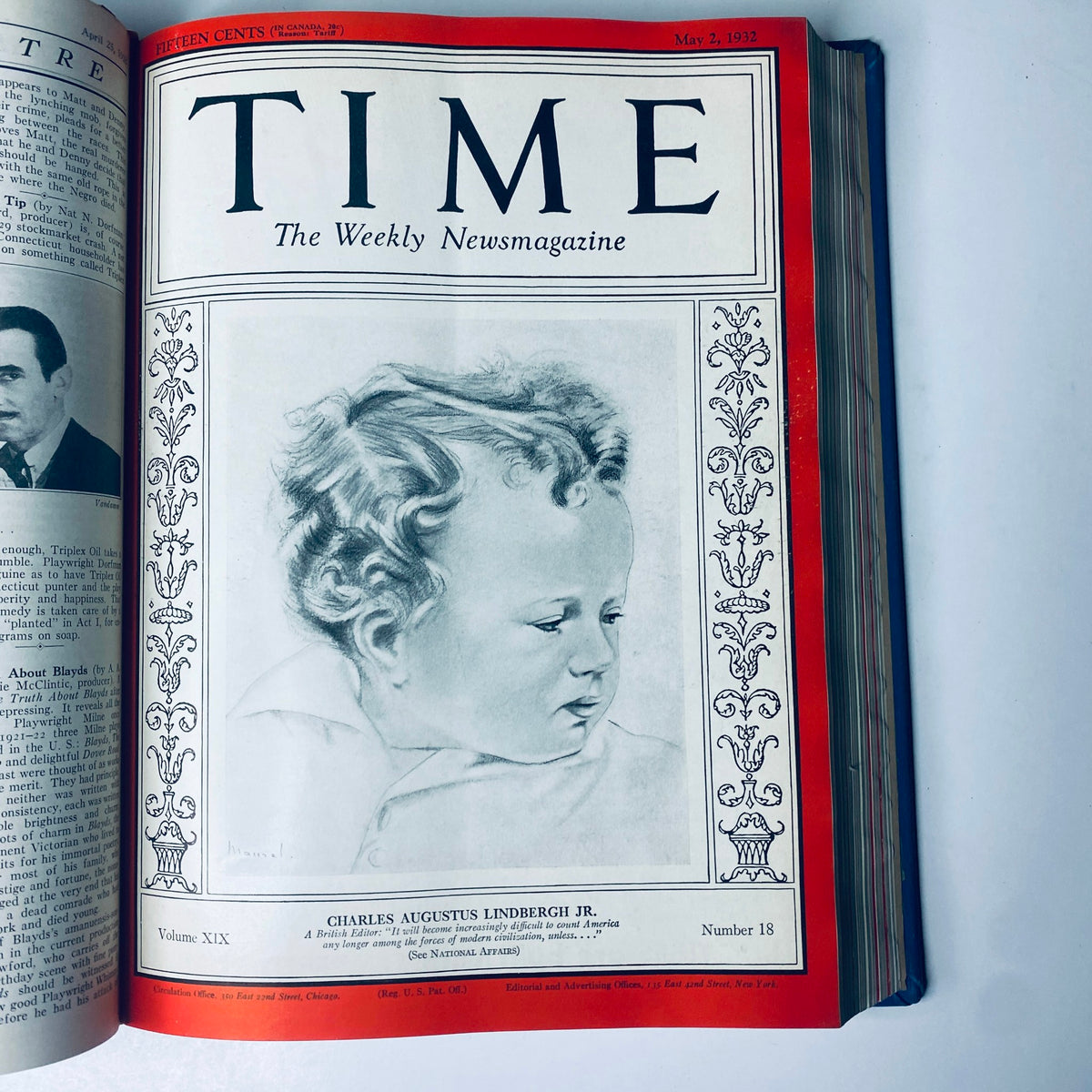 Time Magazine cover featuring Charles Augustus Lindbergh Jr., dated May 2, 1932, from the Time Magazine Library Bound April 4-June 27, 1932 collection, highlighting significant historical events including the Lindbergh kidnapping.
