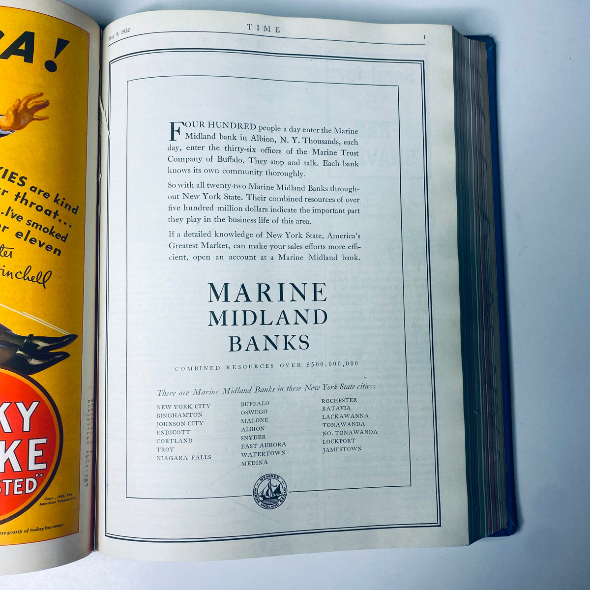 Inside page from Time Magazine, April 25, 1932, promoting Marine Midland Banks, detailing their significant presence in New York State.