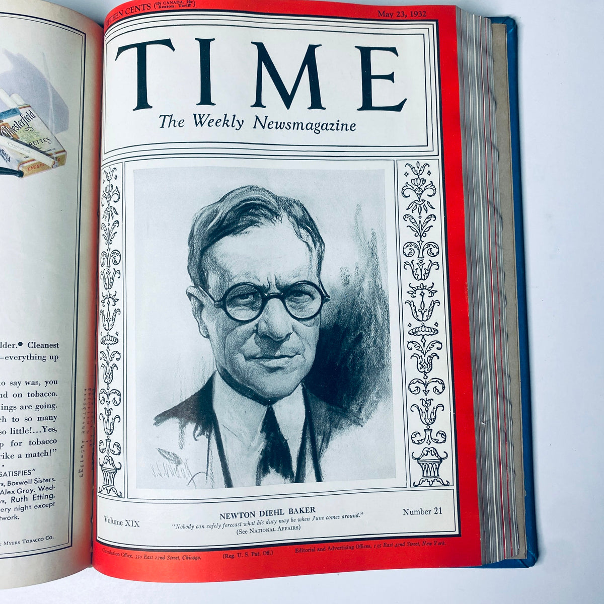 Cover of Time Magazine from May 23, 1932, featuring Newton Diehl Baker, highlighting influential figures during the Great Depression.