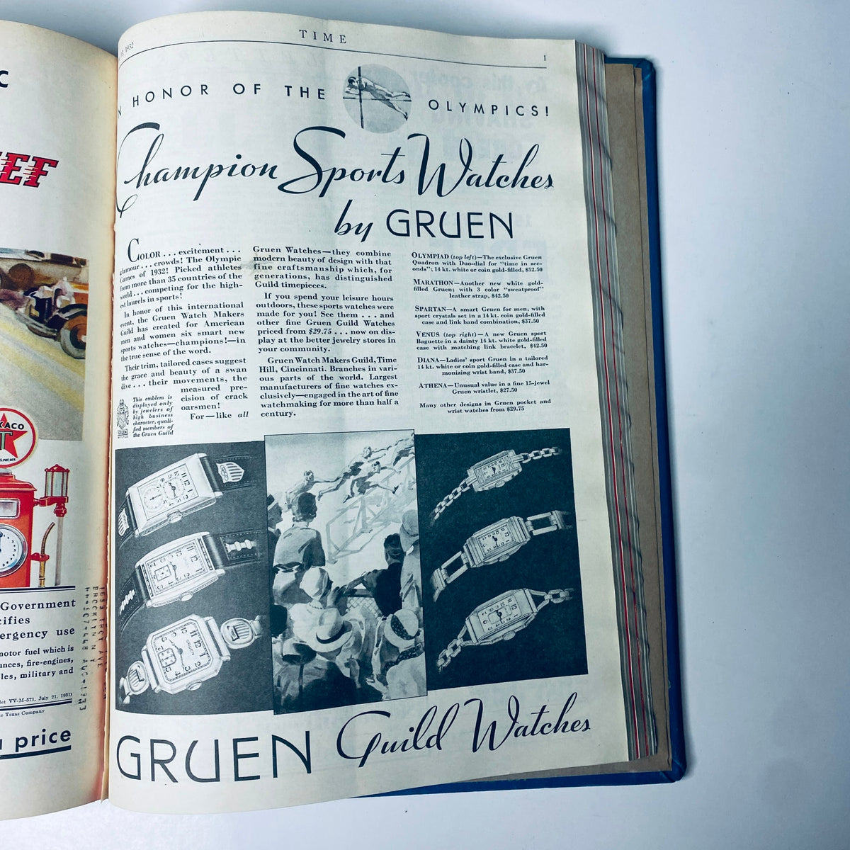 Interior page of Time Magazine featuring advertisements for Champion Sports Watches by Gruen, from the period of April to June 1932.