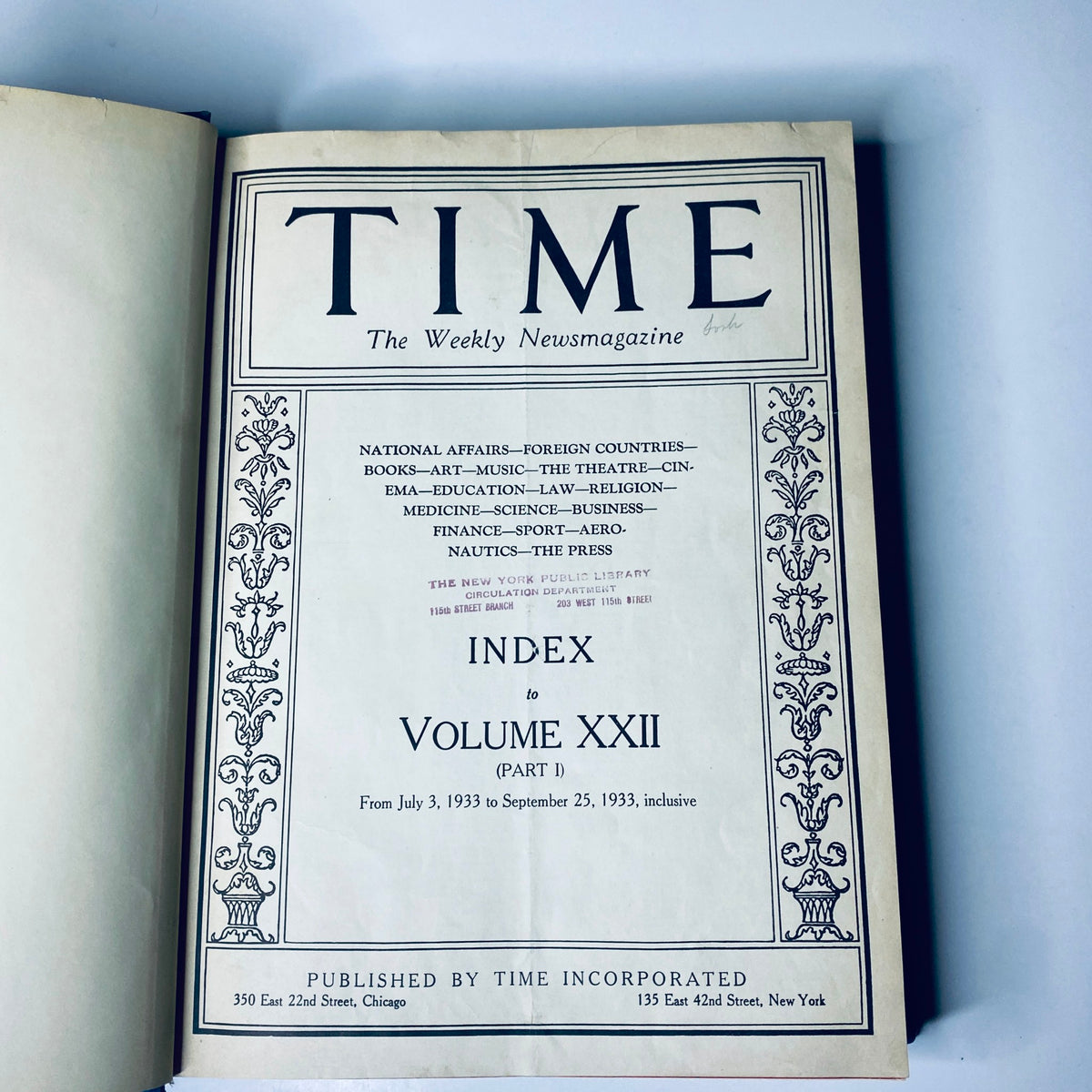 Time Magazine Library Bound July 3-September 25, 1933 Joseph Goebbels GORING - Title page and index of the bound volume.