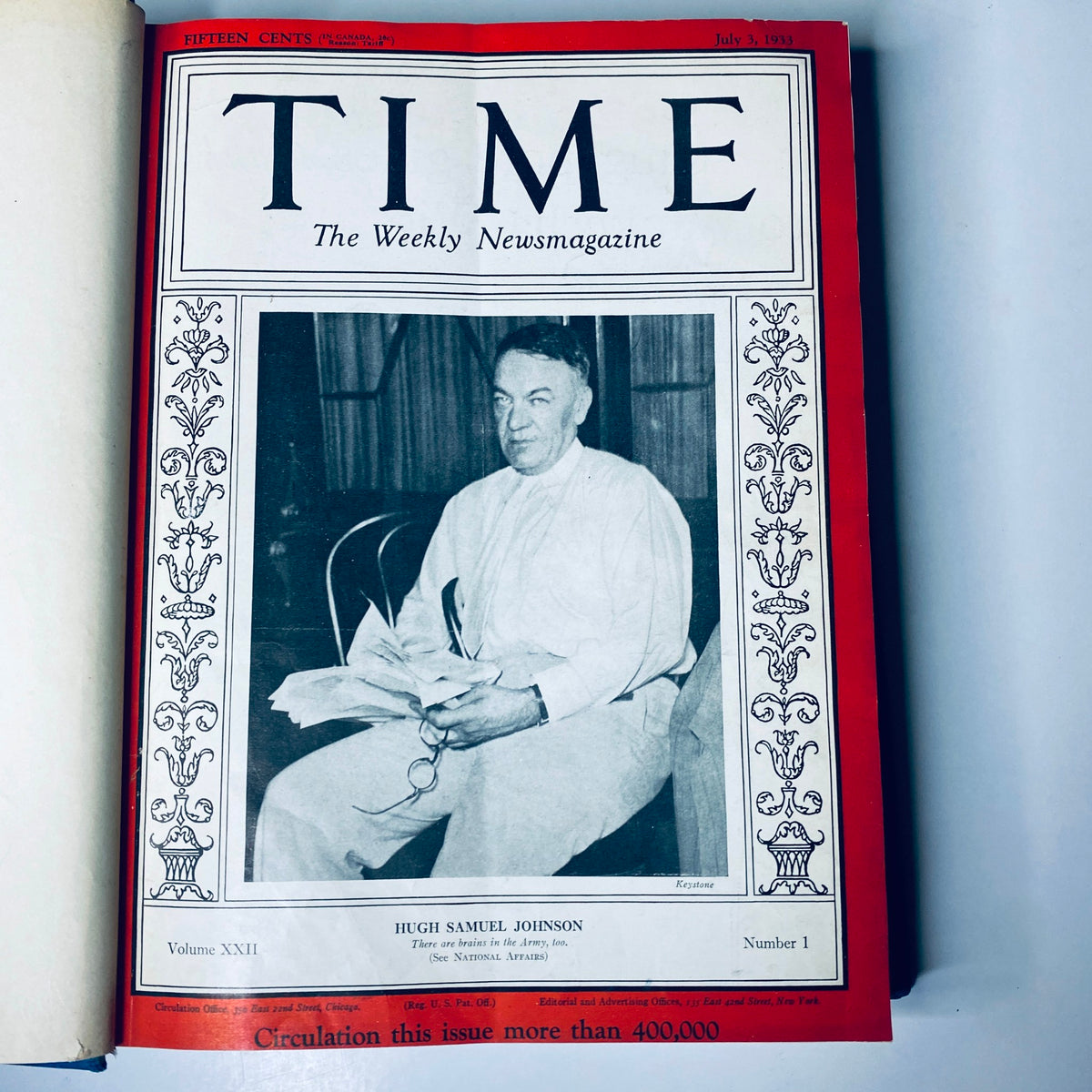 Cover of Time Magazine from July 3, 1933, featuring Hugh Samuel Johnson, as part of the Library Bound edition July 3-September 25, 1933, focusing on the Great Depression era.