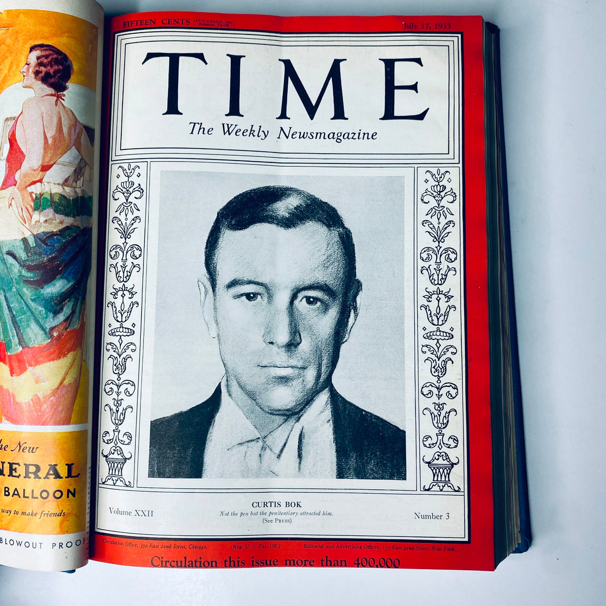 Cover of Time Magazine from July 10, 1933, showcasing Curtis Bok, included in the Library Bound edition July 3-September 25, 1933, highlighting prominent figures of the time.