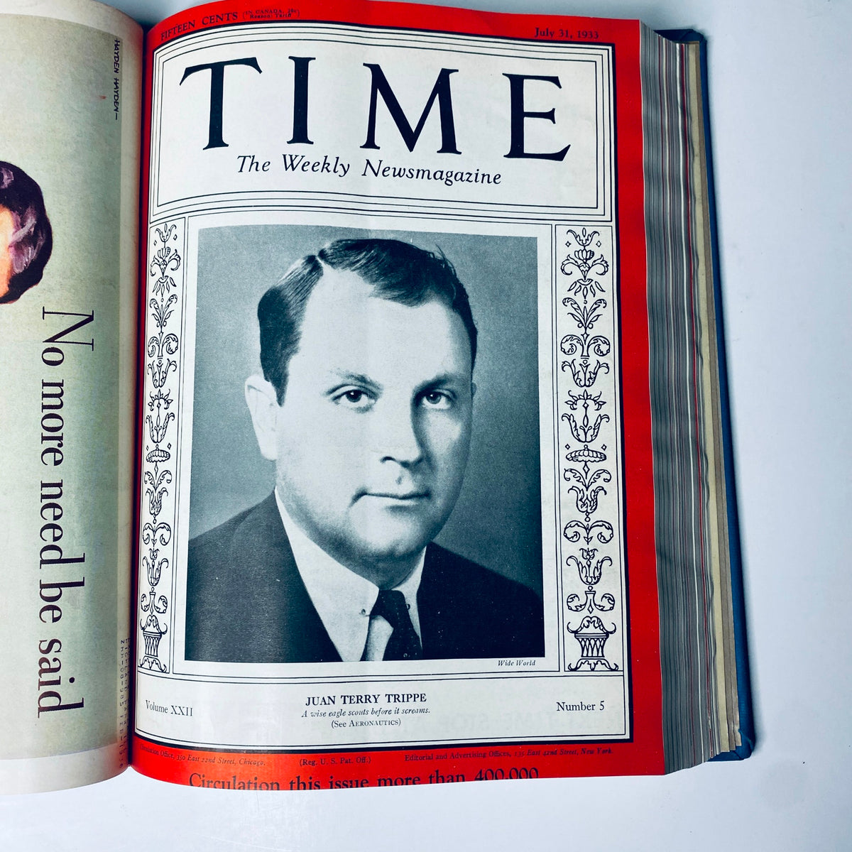 Cover of Time Magazine from July 31, 1933, displaying Juan Terry Trippe, included in the Library Bound edition July 3-September 25, 1933, reflecting the political climate of the 1930s.