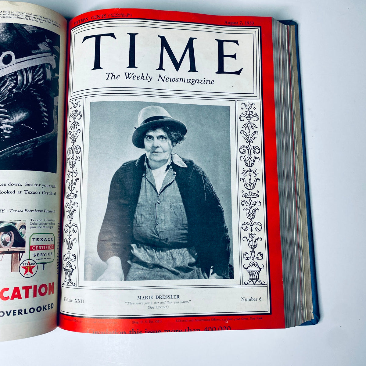 Cover of Time Magazine from August 7, 1933, featuring Marie Dressler, part of the Library Bound edition July 3-September 25, 1933, emphasizing notable personalities of the era.