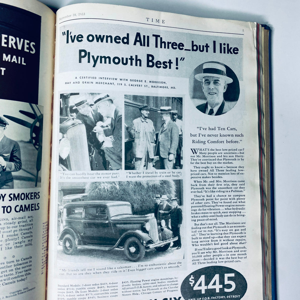 Inside view of the Time Magazine Library Bound July 3-September 25, 1933 edition, featuring a quote about owning cars alongside photographs of automotive scenes.