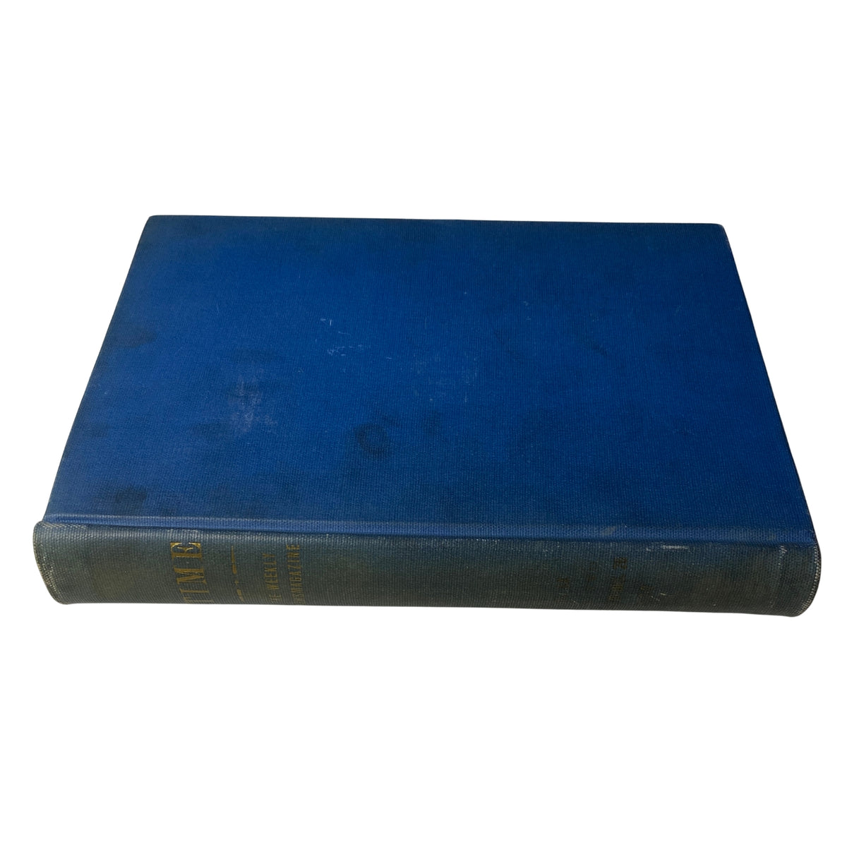 Spine view of the blue bound volume of 'Time Magazine' from 1932, indicating preservation and historical value.