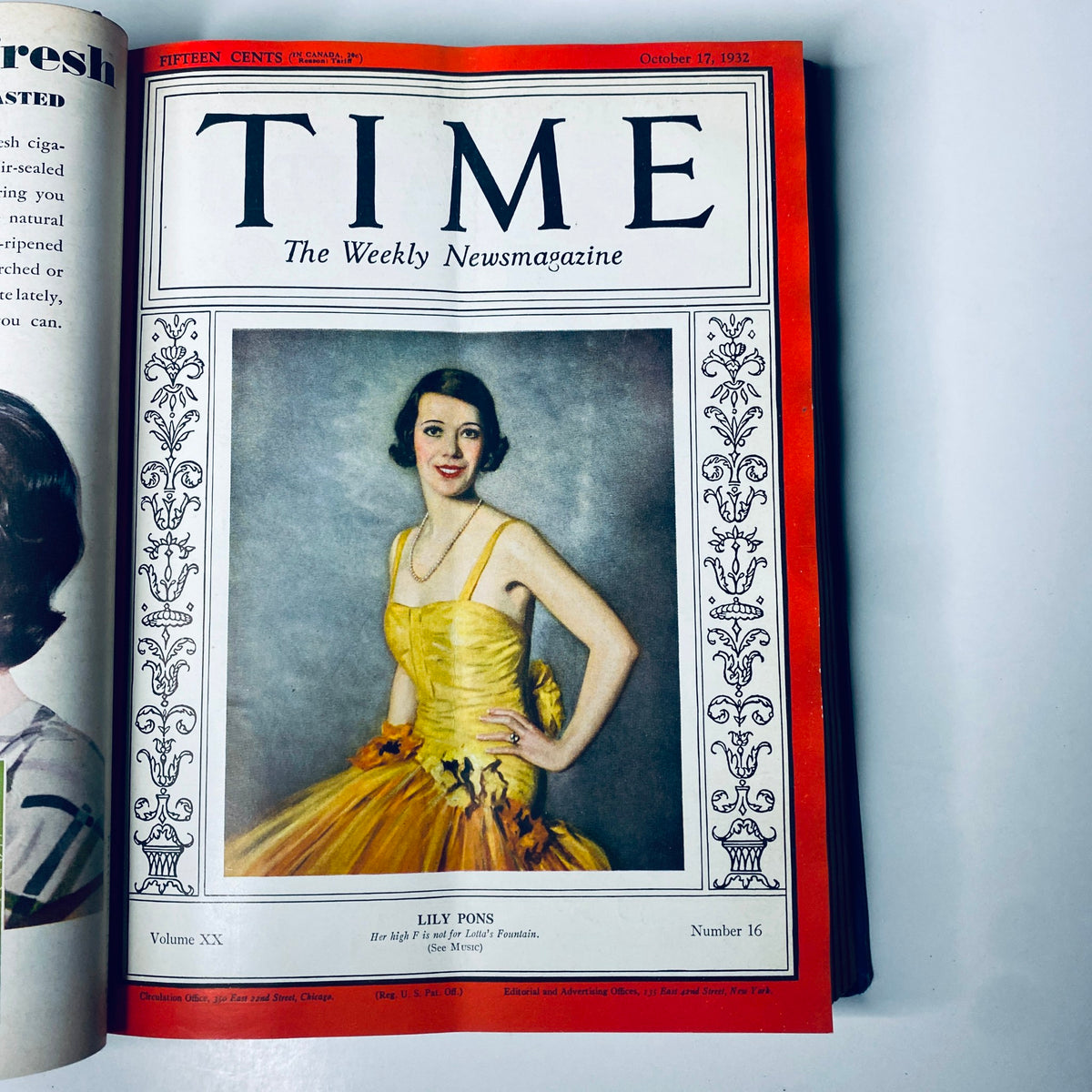 Time Magazine cover from October 17, 1932, featuring Lily Pons. Title: Time Magazine Library Bound October 3- December 26, 1932 T.E. Lawrence ARABIA.