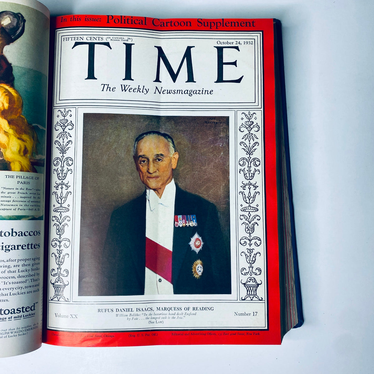 Time Magazine cover from October 24, 1932, featuring Rufus Daniel Isaacs, Marquis of Reading. Title: Time Magazine Library Bound October 3- December 26, 1932 T.E. Lawrence ARABIA.