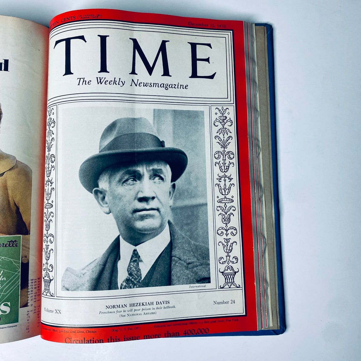 Cover page of Time Magazine dated December 12, 1932 featuring Norman Hezekiah Davis, an influential figure of the era. This image is part of the Time Magazine Library Bound from October 3 to December 26, 1932.