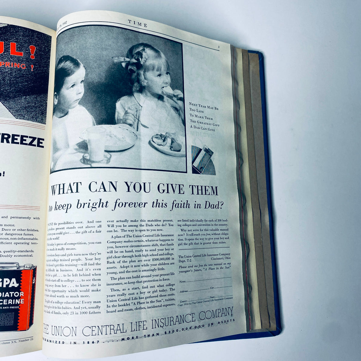 An advertisement page from Time Magazine showcasing two children, emphasizing the theme of childhood and family. This image is part of the Time Magazine Library Bound from October 3 to December 26, 1932.