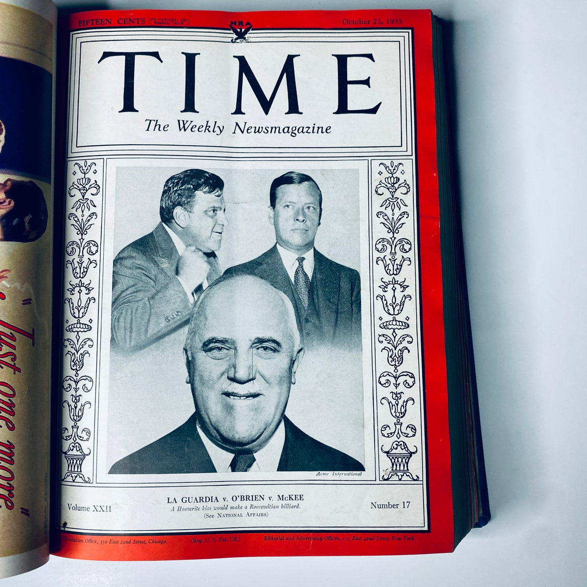Time Magazine cover dated October 23, 1933 showcasing La Guardia, O'Brien, and McKee, from the Time Magazine Library Bound October 2-December 25, 1933 edition.