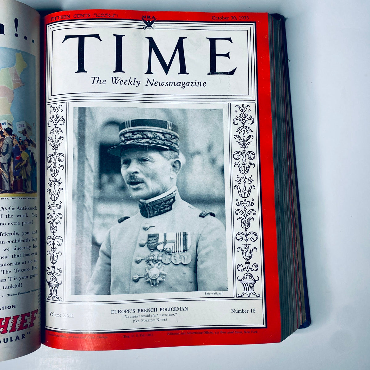 Time Magazine cover dated October 30, 1933 featuring Europe's French Policeman, from the Time Magazine Library Bound October 2-December 25, 1933 edition.