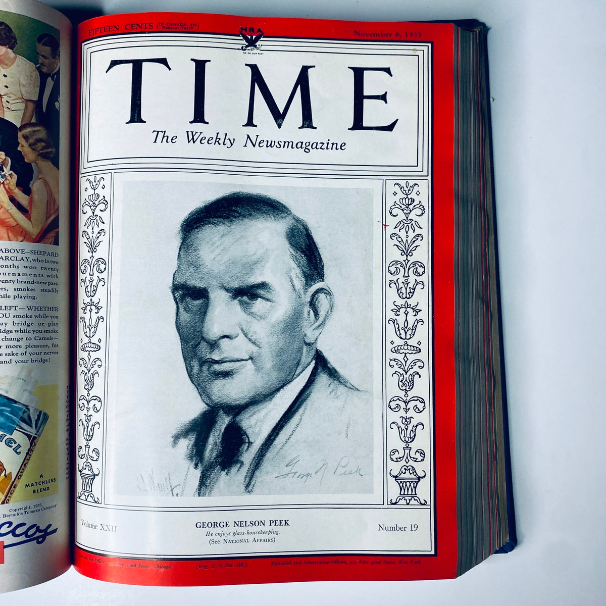 Time Magazine cover dated November 6, 1933 with a portrait of George Nelson Peek, from the Time Magazine Library Bound October 2-December 25, 1933 edition.