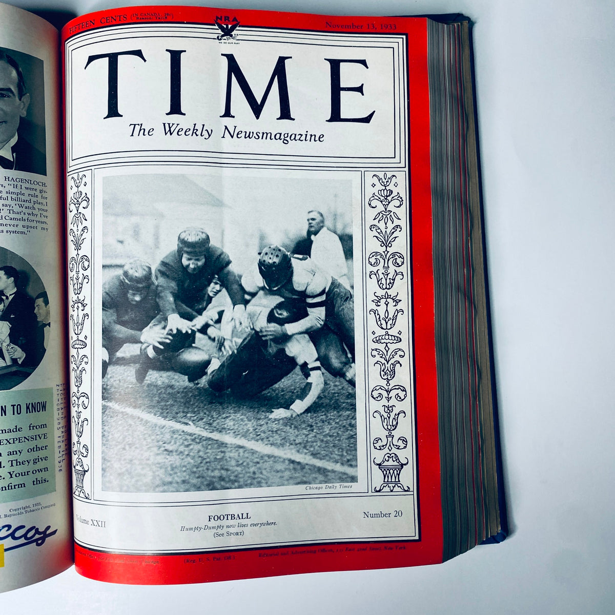 Time Magazine cover dated November 13, 1933 depicting a football scene, from the Time Magazine Library Bound October 2-December 25, 1933 edition.
