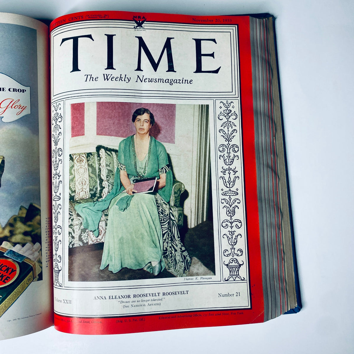 Cover of Time Magazine featuring Anna Eleanor Roosevelt from November 20, 1933. Part of the library bound volume for October 2-December 25, 1933, showcasing significant figures and events from the period.
