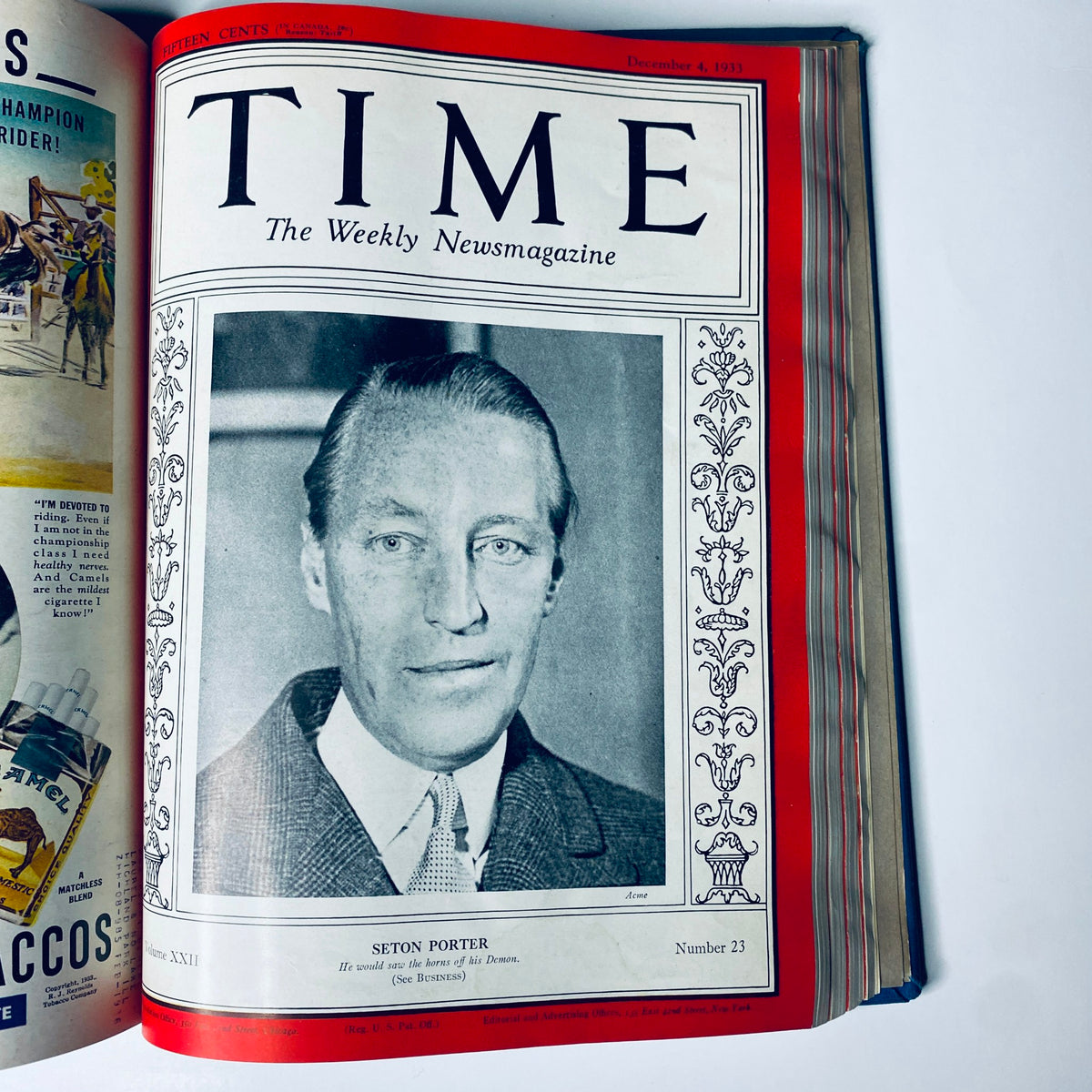 Cover of Time Magazine featuring Seton Porter from December 4, 1933. Included in the library bound collection for October 2 to December 25, 1933, highlighting key historical moments.
