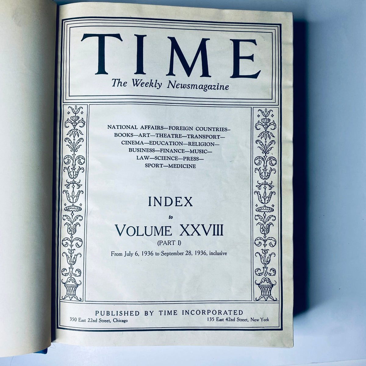 Title page of the Time Magazine Library Bound July 6-September 28, 1936, featuring the publication's index and details of the volume.