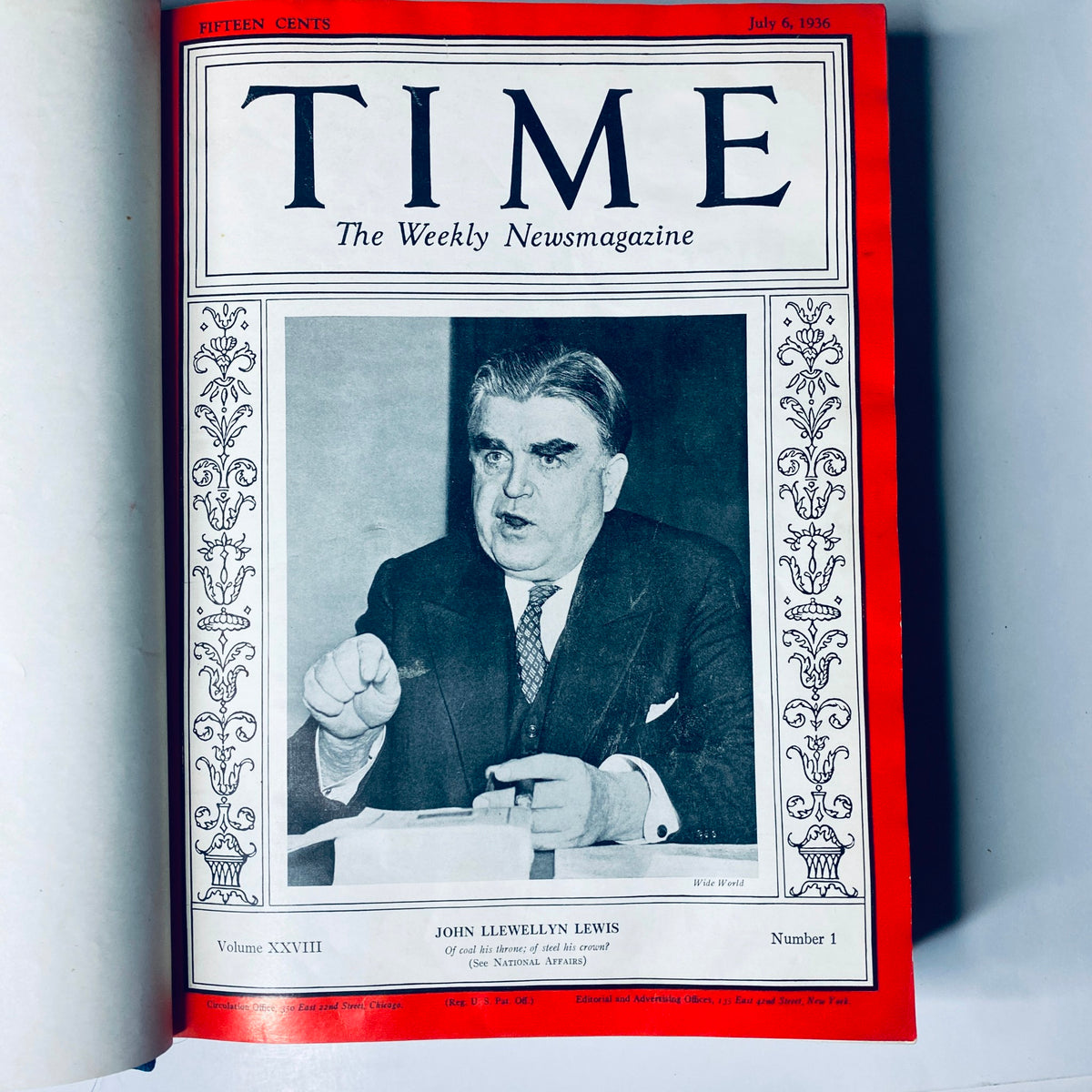 Cover page of the Time Magazine Library Bound July 6-September 28, 1936, featuring the July 6, 1936 issue with an image of John Llewellyn Lewis.