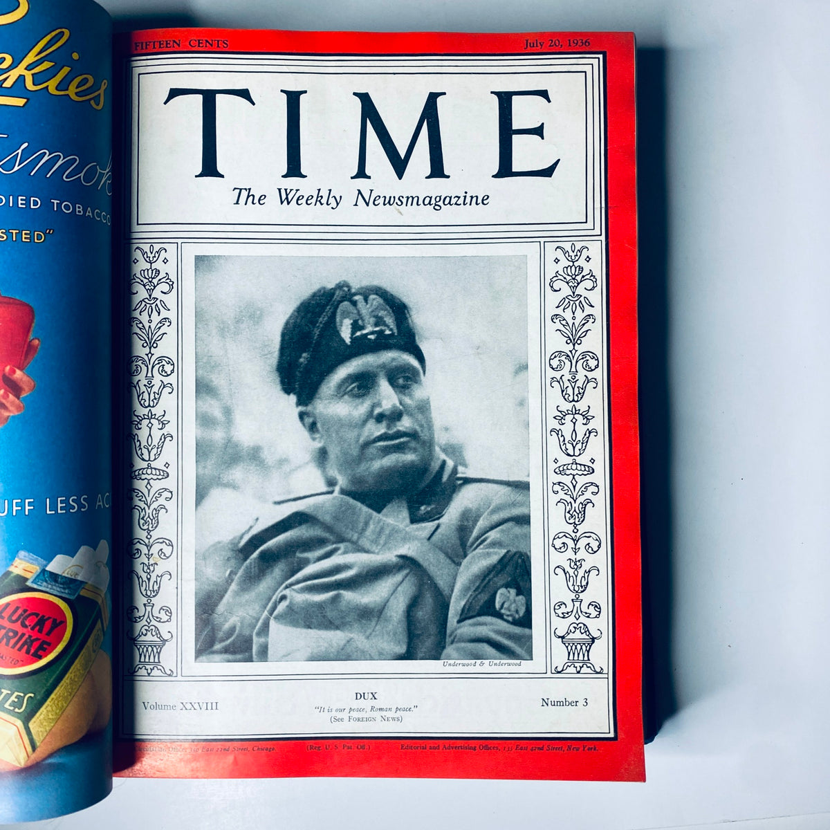 Cover of Time Magazine from July 20, 1936 featuring Benito Mussolini, titled 'Dux' as part of the Time Magazine Library Bound July 6- September 28, 1936 Gable.