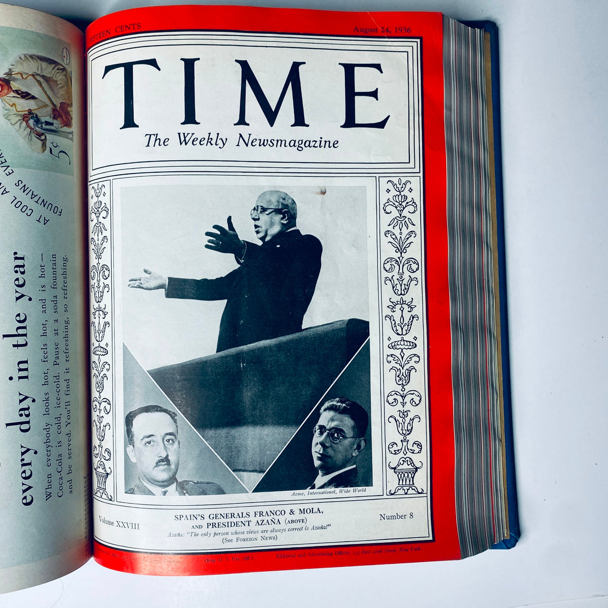 Cover of Time Magazine dated August 24, 1936 featuring a political illustration of Spain's Generals Franco & Mola and President Azaña, part of the Time Magazine Library Bound July 6- September 28, 1936.