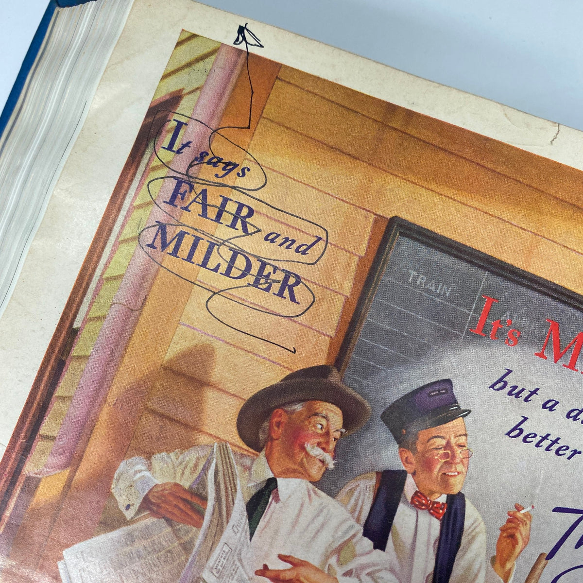 Illustrative cover detail from Time Magazine Library Bound July 6 - September 28, 1936, highlighting a playful depiction with text that reads 'It says Fair and Milder.' featuring two cheerful gentlemen.