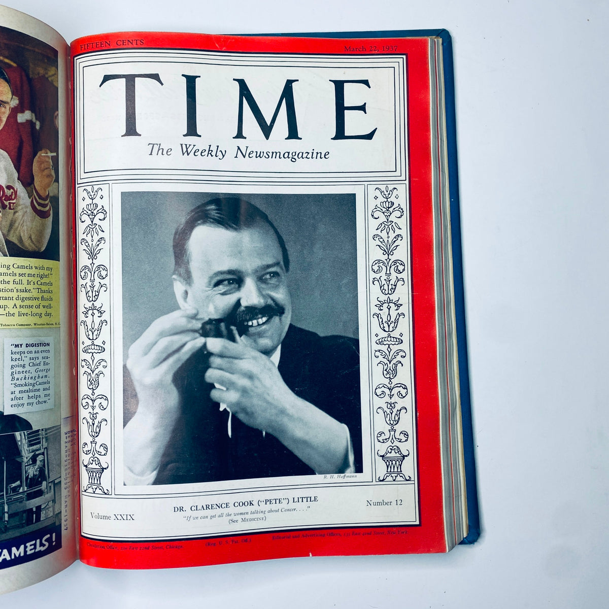 Cover of Time Magazine Library Bound January 4-March 29, 1937 presenting Dr. Clarence Cook 'Pete' Little on March 22, 1937 issue. The magazine cover features a striking black and white portrait with an artistic design.