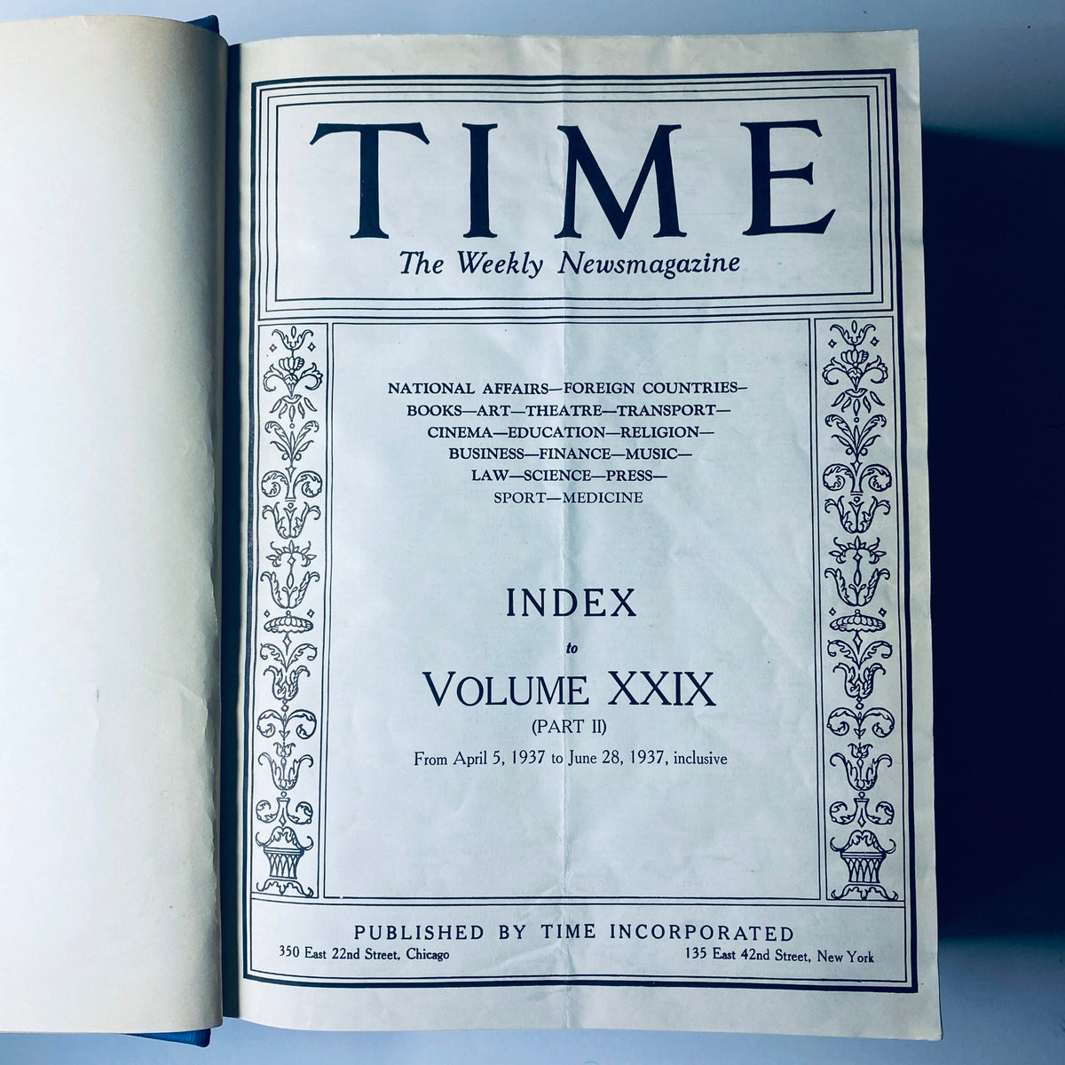 Interior page of Time Magazine Library Bound April 5- June 28, 1937, showing the index for Volume XXIX, highlighting topics like national affairs, foreign countries, and medicine.