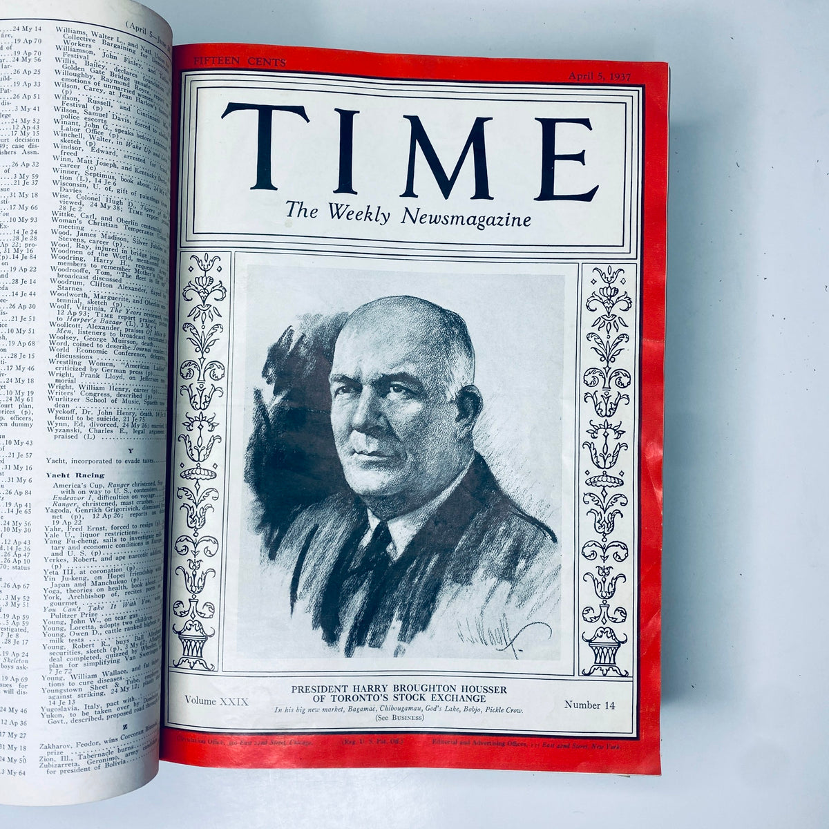 Cover page of Time Magazine dated April 5, 1937, featuring a sketch of President Harry Broughton Houser of Toronto’s Stock Exchange.