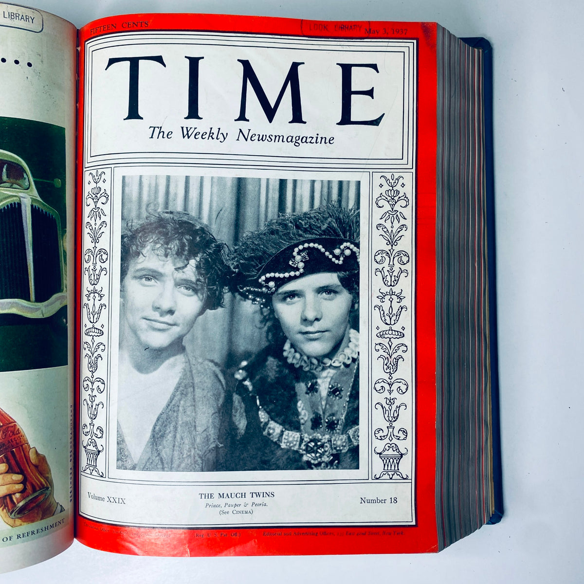 Time Magazine Library Bound April 5- June 28, 1937 featuring The Mauch Twins on the cover, showcasing their charm in traditional attire.
