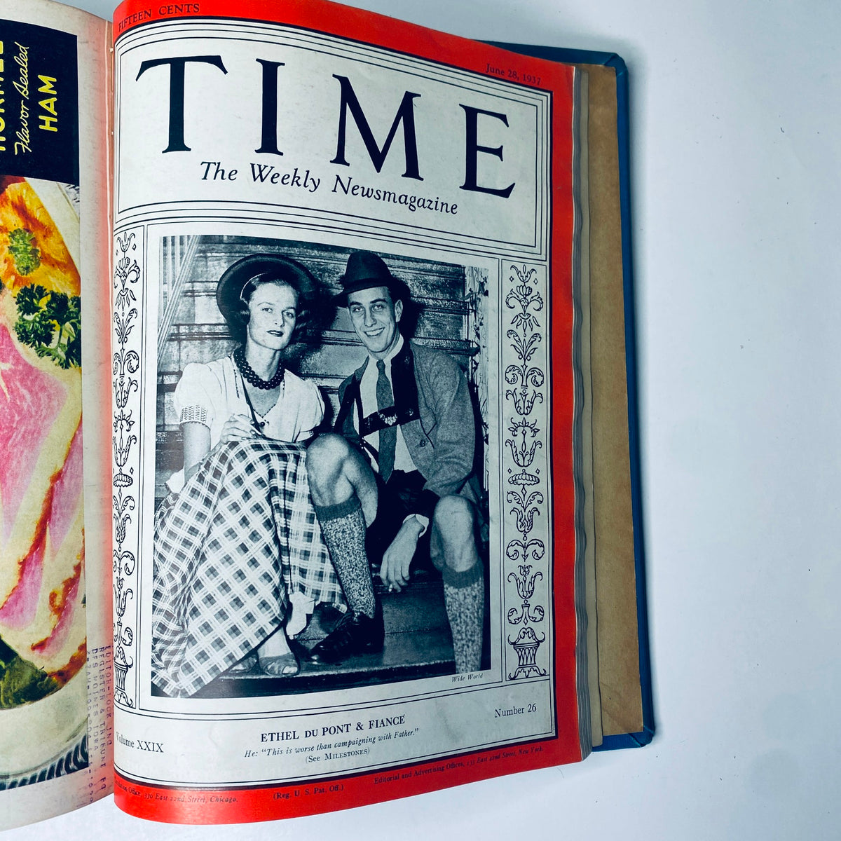 Time Magazine cover from June 28, 1937, featuring Ethel du Pont and fiancé, included in the Time Library Bound collection April 5 to June 28, 1937.
