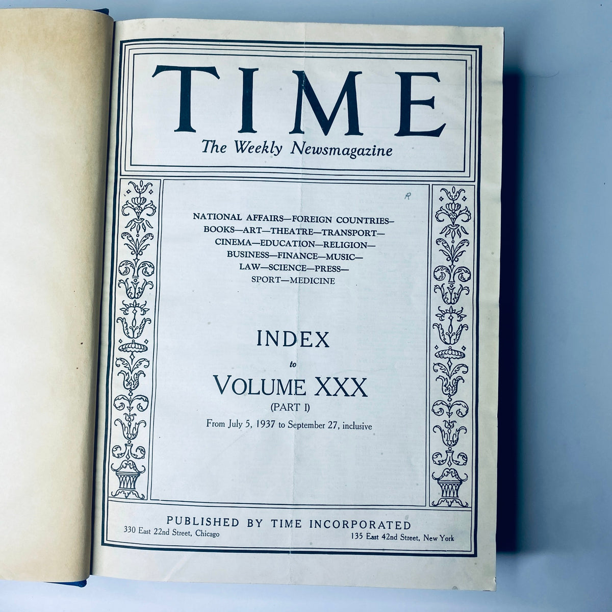Index page of the Time Magazine collection detailing the contents from July 5 to September 27, 1937, centering around significant historical events.