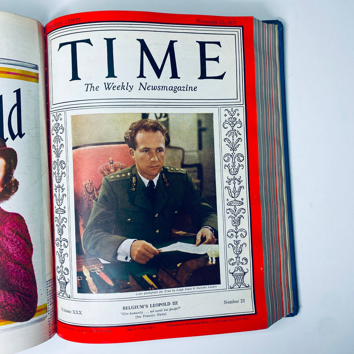 Cover of Time Magazine from November 22, 1937, featuring the portrait of Belgium's King Leopold III, discussing his role during a pivotal time, part of the Time Magazine 1937 July-Dec Bound collection.