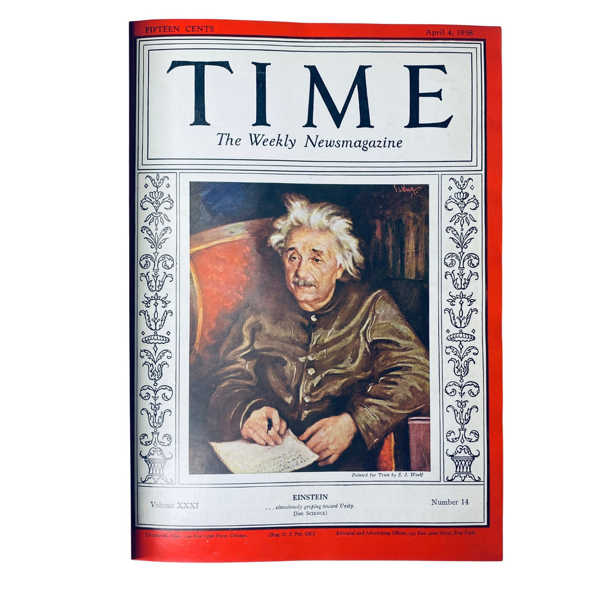 Cover of Time Magazine featuring Albert Einstein, dated April 4, 1938. The magazine showcases a painting of Einstein along with the title and a brief description of the content.