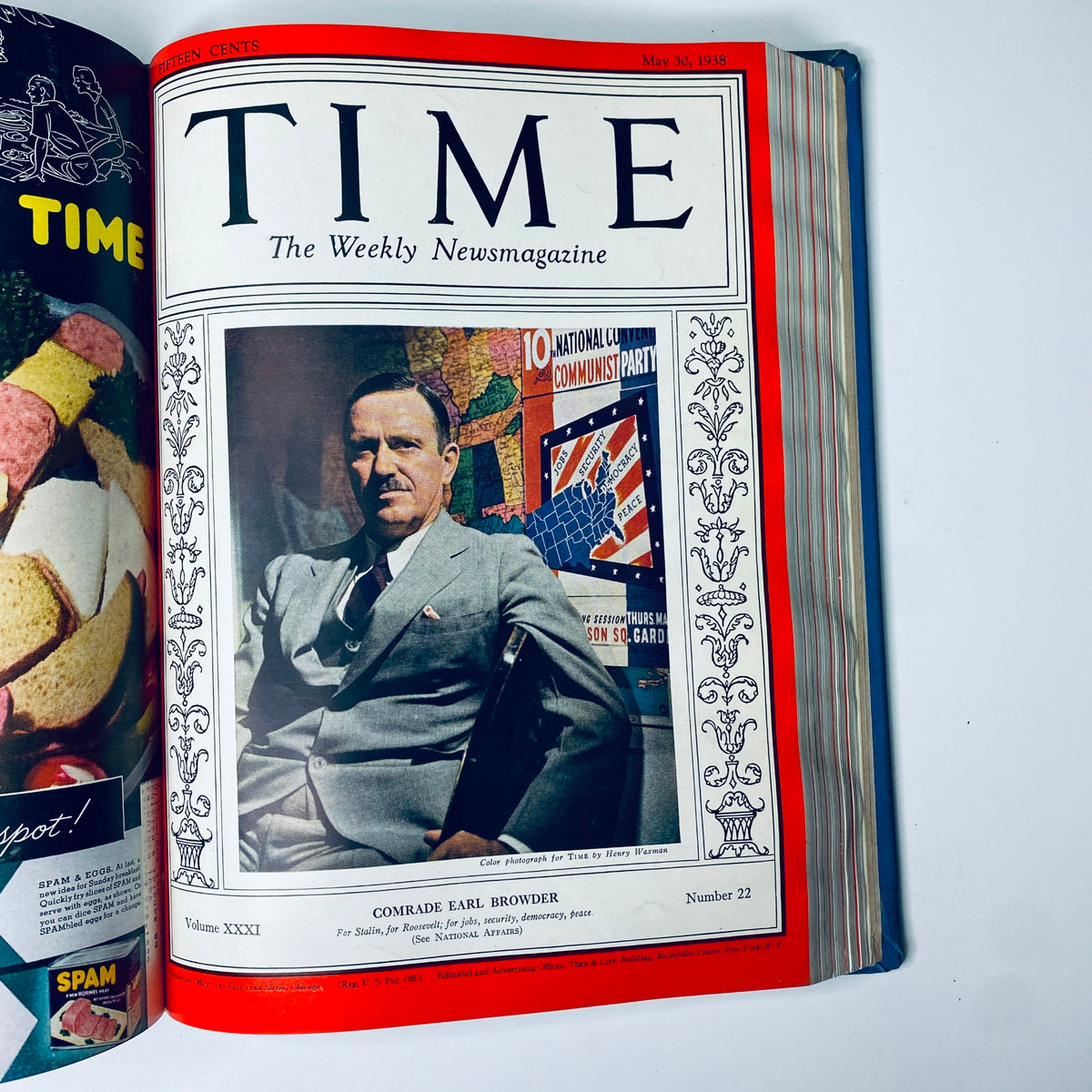 Time Magazine cover from May 30, 1938 featuring Comrade Earl Browder, part of the Time Library Bound Weekly Magazine – April 4 to June 27, 1938.