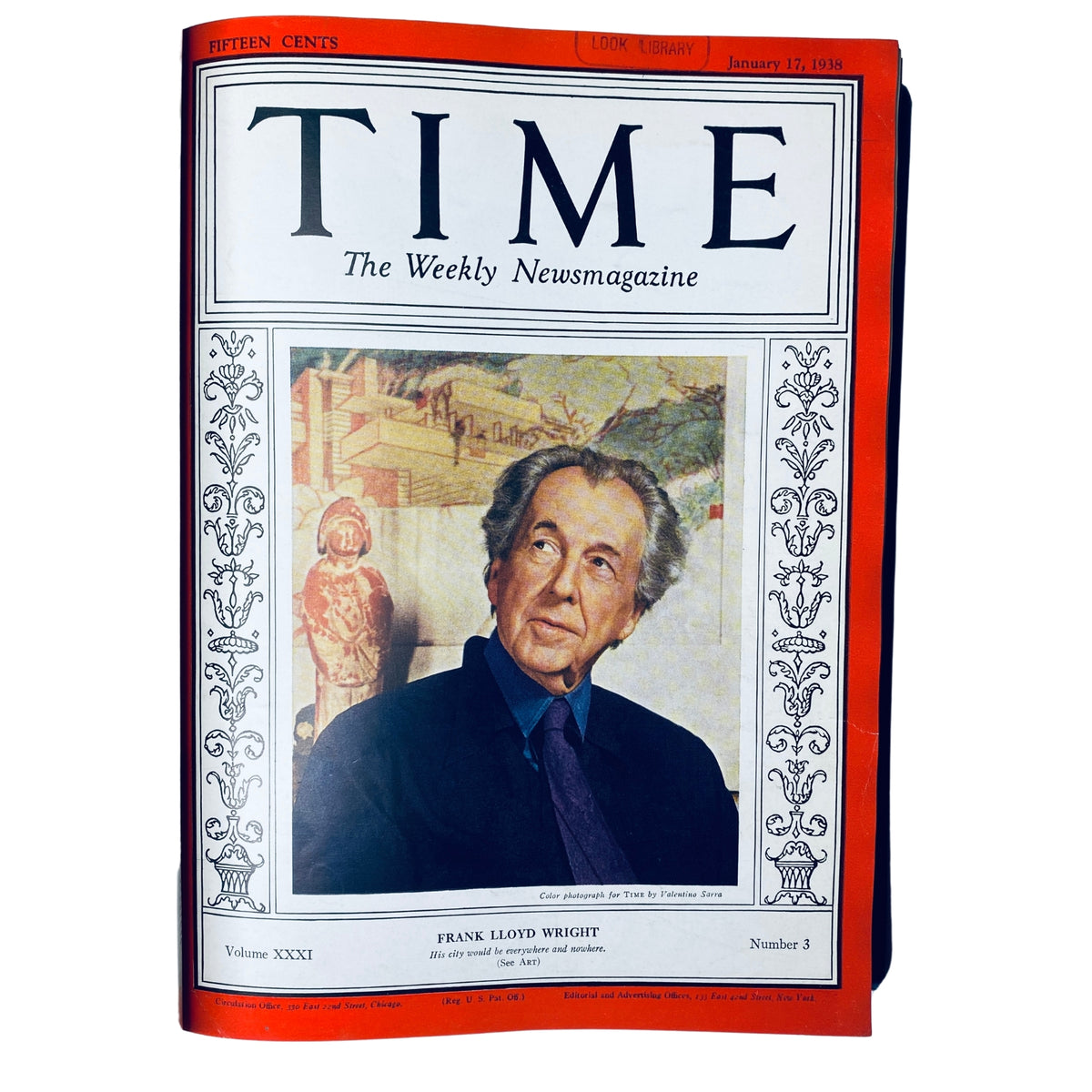 Cover of Time Magazine, January 17, 1938, featuring renowned architect Frank Lloyd Wright. The magazine showcases vibrant colors and includes the ‘Look Library’ stamp.
