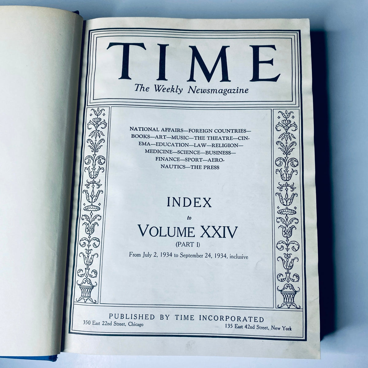 Cover page of Time Magazine indexed from July 2 to September 24, 1934, featuring the volume title 'Time Magazine Library Bound July 2- September 24, 1934 Riza Shah Pahlevi Persia'.
