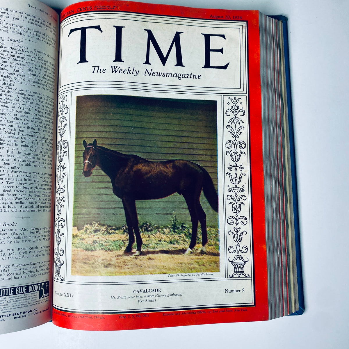 Time Magazine cover from August 20, 1934, showcasing a horse under the title 'Cavalcade.' Title: Time Magazine Library Bound July 2- September 24, 1934 Riza Shah Pahlevi Persia.