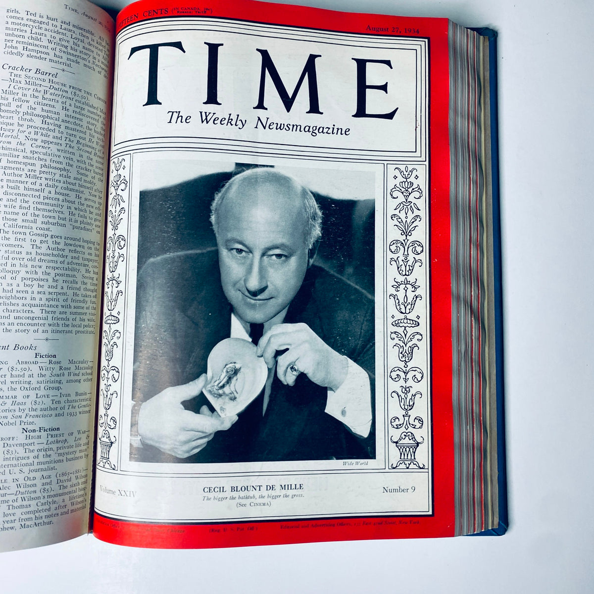 Cover of Time Magazine dated August 27, 1934 featuring Cecil Blount DeMille, associated with the Time Magazine Library Bound July 2- September 24, 1934 Riza Shah Pahlevi Persia.