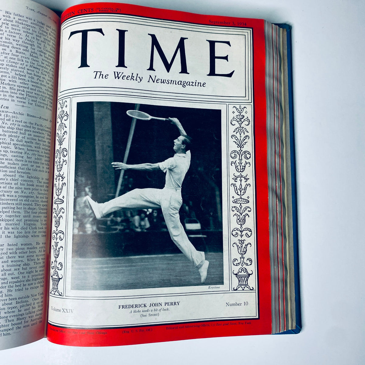 Cover of Time Magazine dated September 3, 1934 featuring Frederick John Perry, associated with the Time Magazine Library Bound July 2- September 24, 1934 Riza Shah Pahlevi Persia.
