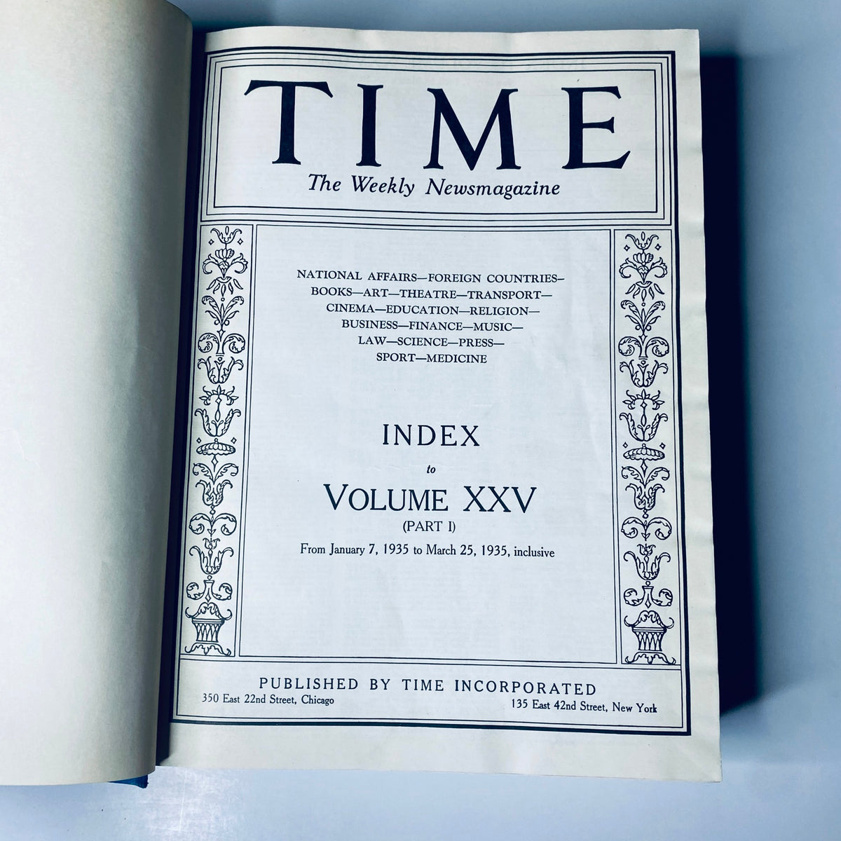 Time Magazine Library Bound January 7- March 25, 1935 - The index page of the volume listing contents from January 7 to March 25, 1935, reflecting the collection's historical context.