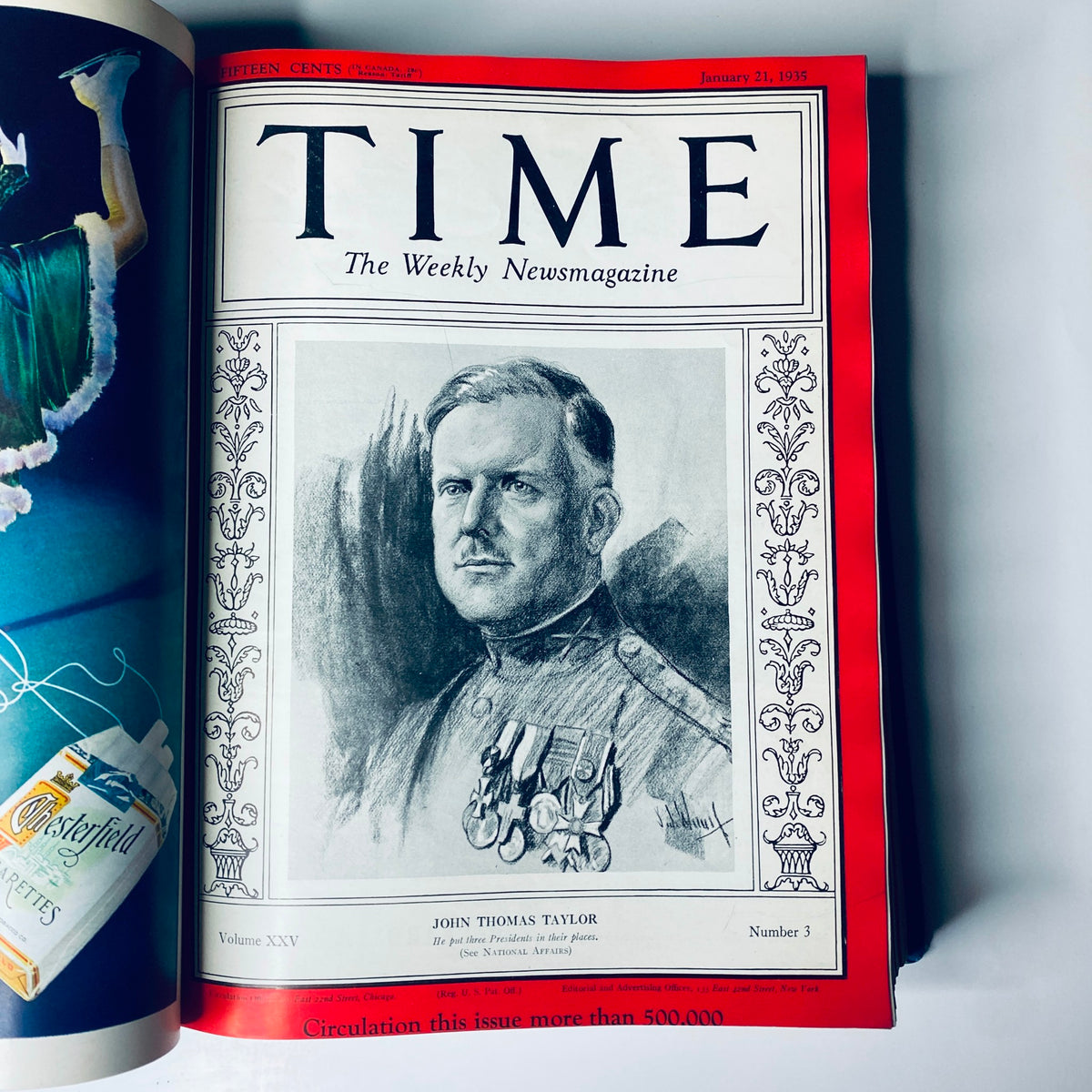 Cover of Time Magazine dated January 21, 1935, featuring John Thomas Taylor. Discusses prominent figures and military affairs of the time.